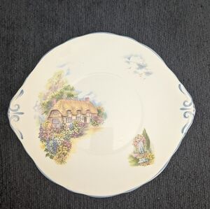 English Bone China Charming Cottage Scene Plate with Blue Accents